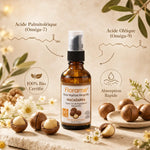 Huile de Macadamia bio Florame avec oméga-7 et oméga-9, infographie botaniste et packaging certifié