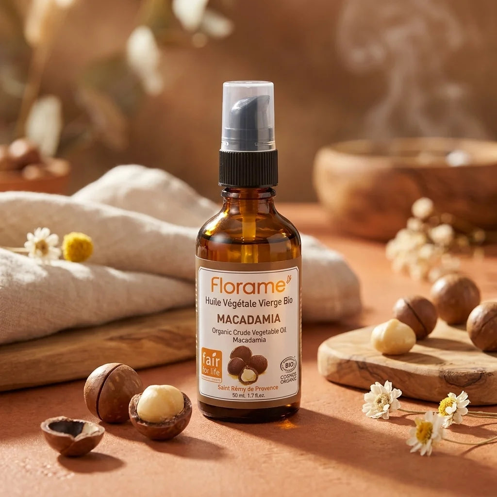 Huile de macadamia bio Florame avec noix et éléments naturels sur surface terracotta