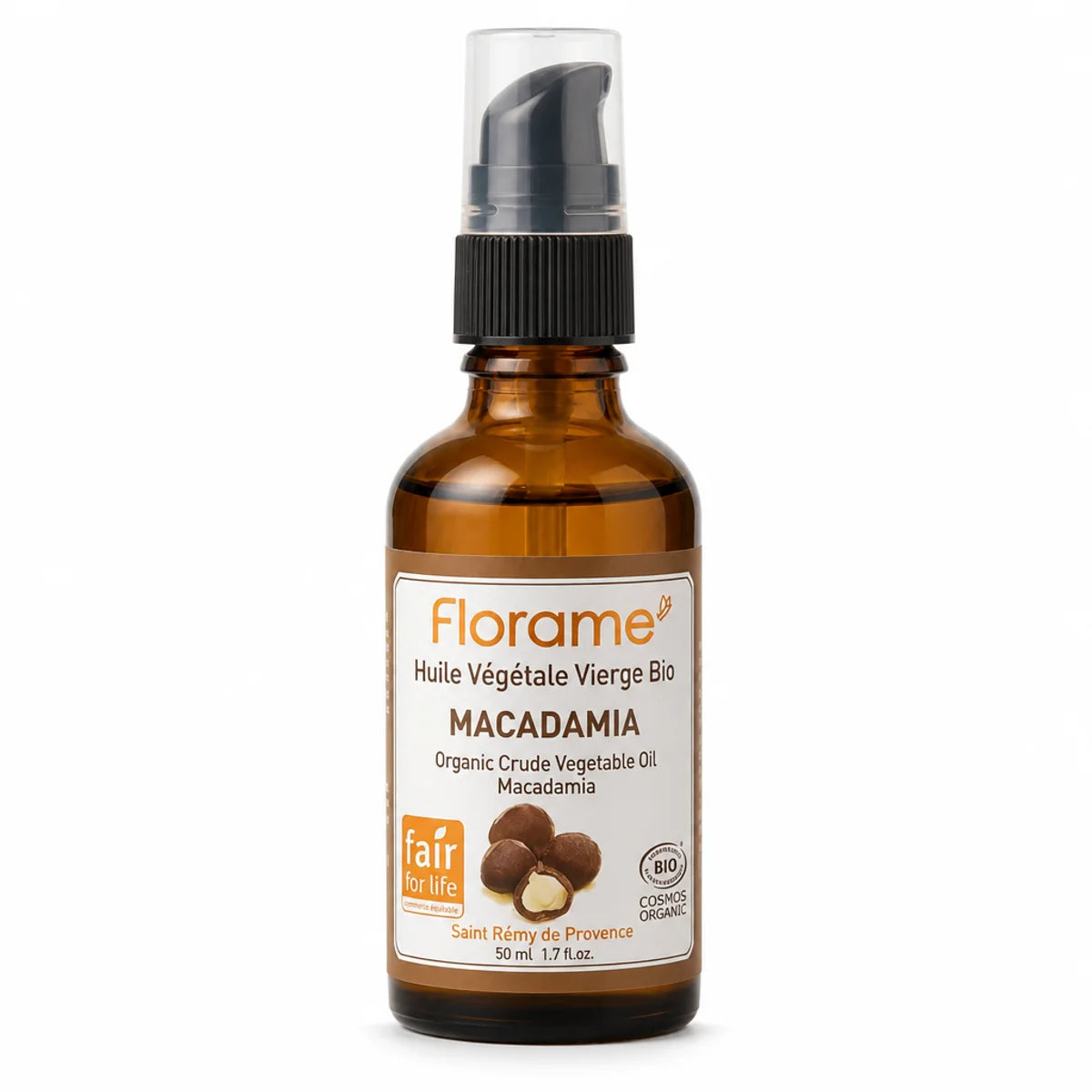 Huile végétale de Macadamia bio Florame en flacon verre ambré avec pompe spray