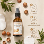 Florame Huile Végétale Noisette bio avec noisettes fraîches et instructions d'application en 3 étapes