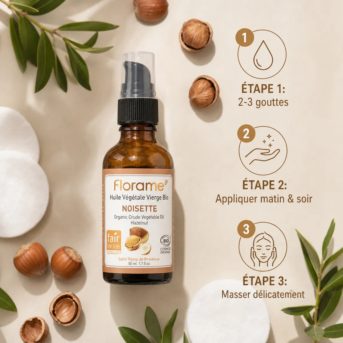 Florame Huile Végétale Noisette bio avec noisettes fraîches et instructions d'application en 3 étapes