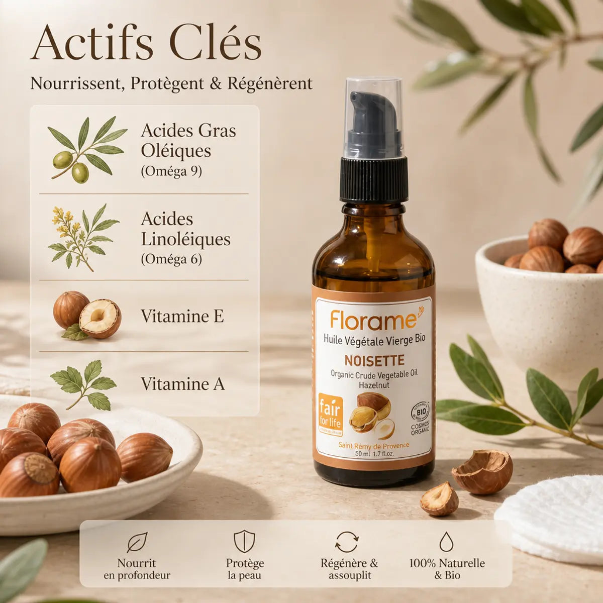 Huile végétale de noisette bio Florame avec noisettes, infographie ingrédients actifs et vitamines