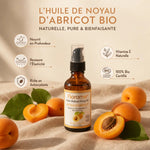 Huile végétale bio Florame noyau d'abricot avec infographie bénéfices nourrison et antioxydants