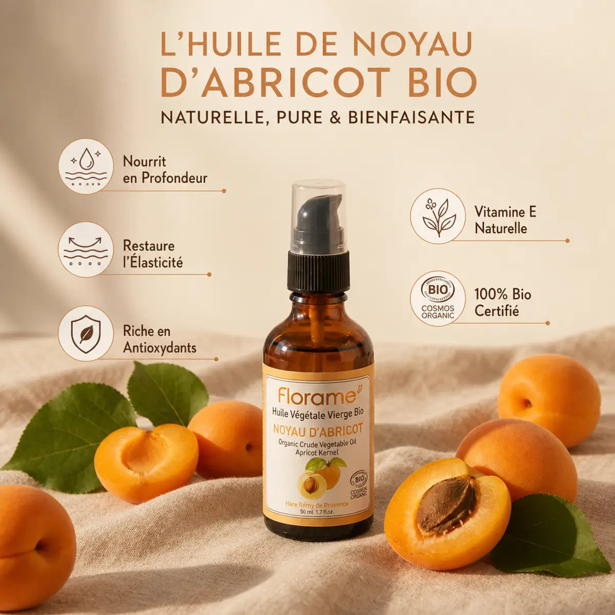 Huile végétale bio Florame noyau d'abricot avec infographie bénéfices nourrison et antioxydants