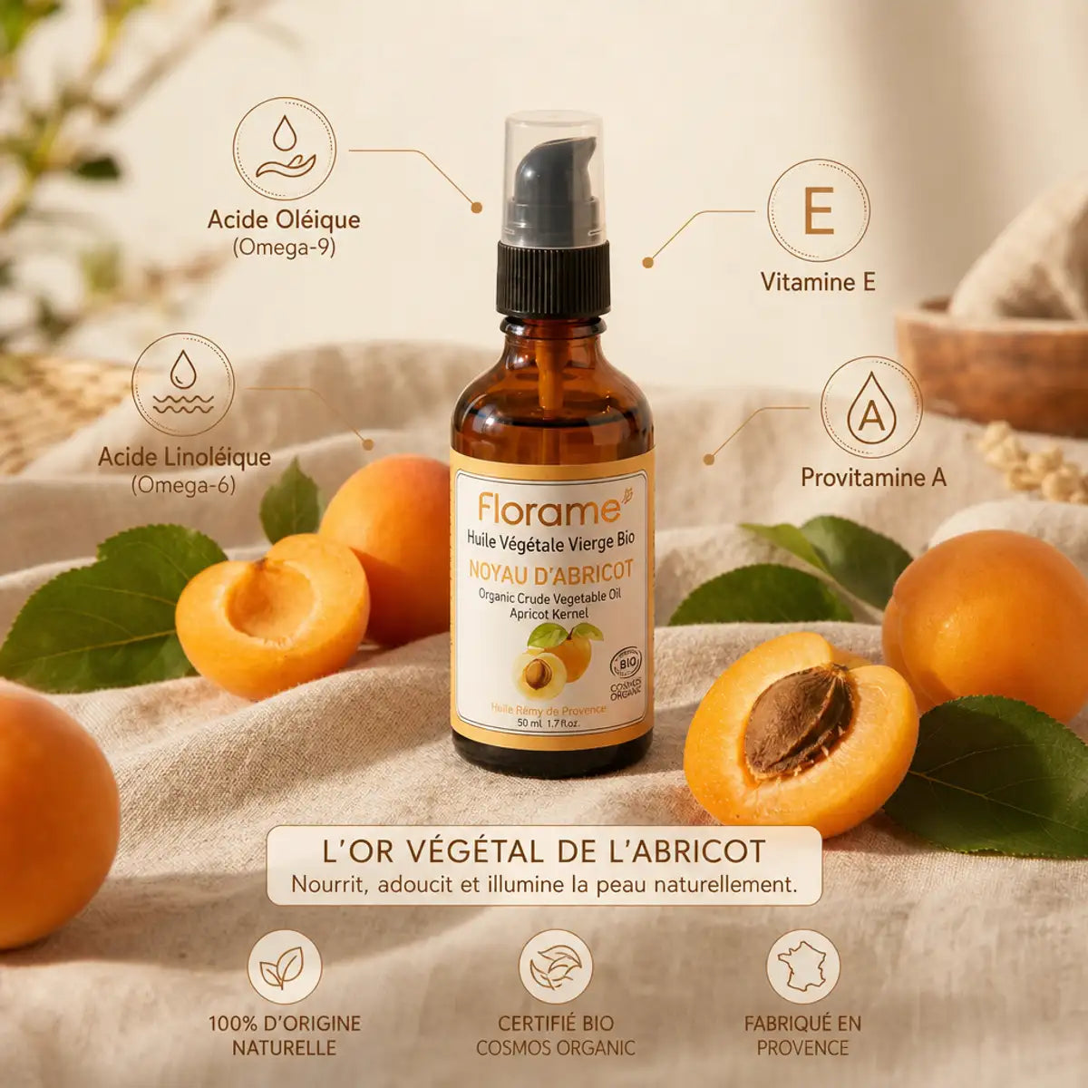 Huile végétale bio noyau d'abricot Florame avec abricots frais et ingrédients naturels
