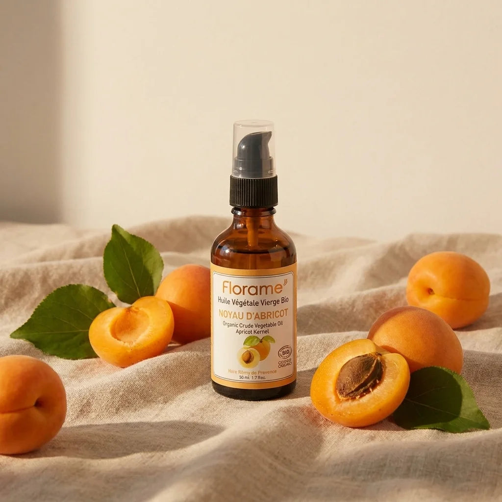 Huile végétale de noyau d'abricot bio Florame avec pompe, entourée d'abricots frais et feuilles vertes