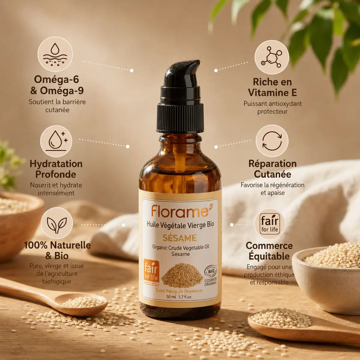 Huile de sésame bio Florame avec bénéfices : oméga, vitamine E, hydratation et réparation