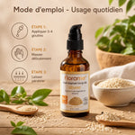 Huile de Sésame bio Florame avec mode d'emploi et graines de sésame sur fond naturel