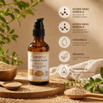 Huile végétale de sésame bio Florame avec graines et informations nutritionnelles