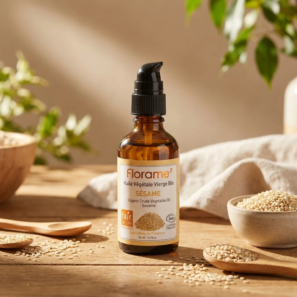 Bouteille d'huile végétale de sésame bio Florame avec graines de sésame et éléments naturels