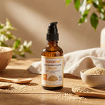 Bouteille d'huile végétale de sésame bio Florame avec graines de sésame et éléments naturels