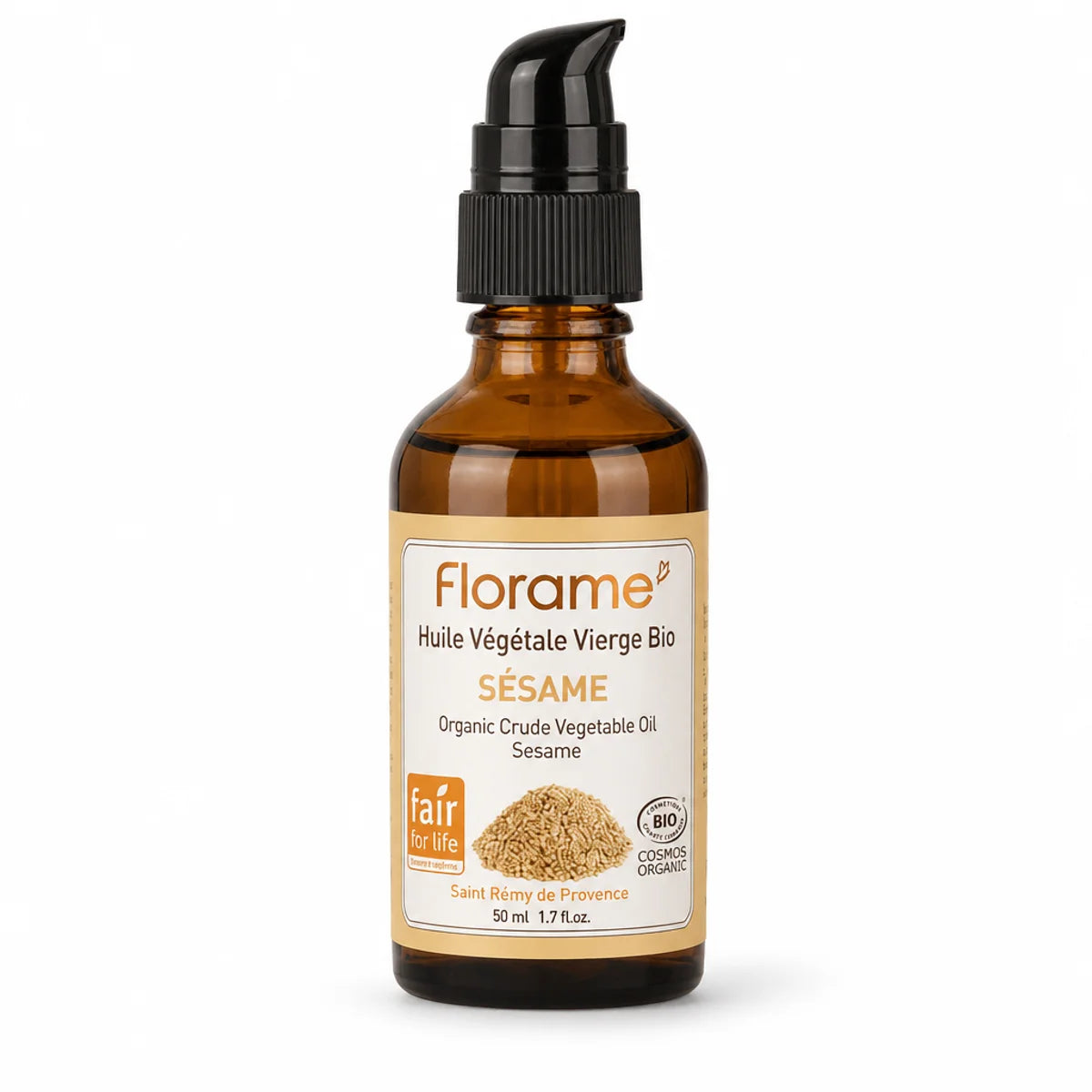 Huile végétale de sésame bio Florame en flacon verre ambré avec pompe