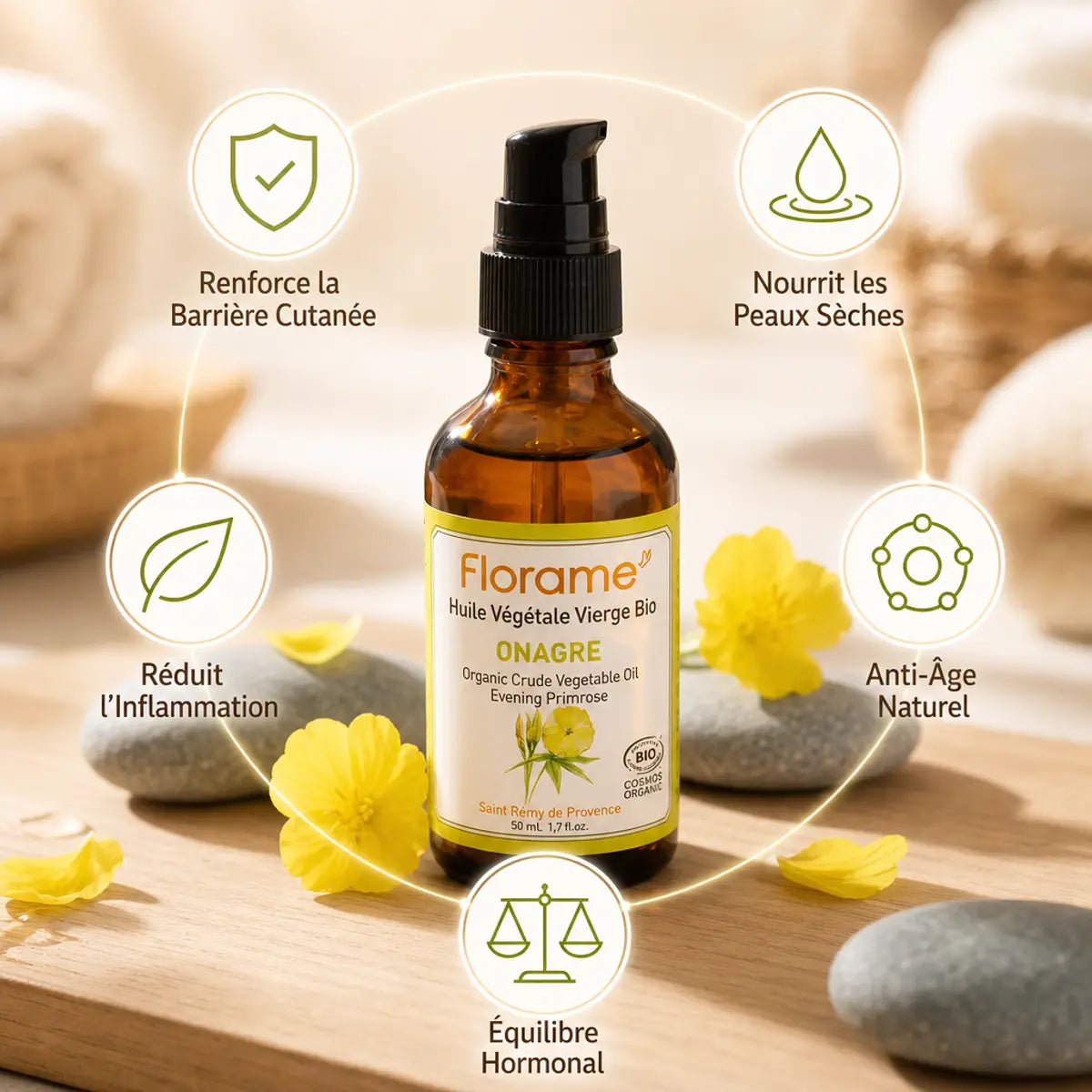 Florame Huile Onagre bio avec bénéfices : barrière cutanée, hydratation, anti-inflammatoire, anti-âge naturel