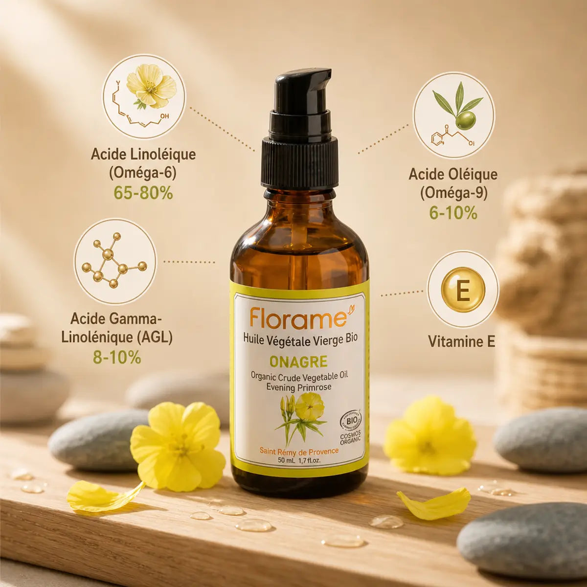 Huile d'Onagre bio Florame avec composition nutritionnelle et acides gras essentiels