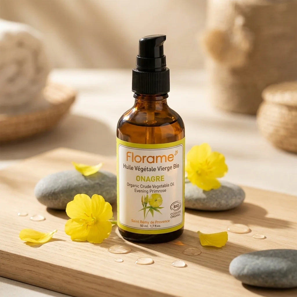 Huile Végétale d'Onagre bio Florame en flacon avec fleurs d'onagre fraîches et pierres