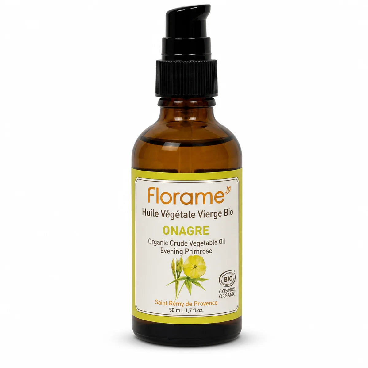 Huile végétale d'onagre bio Florame en flacon verre ambré avec pompe noire