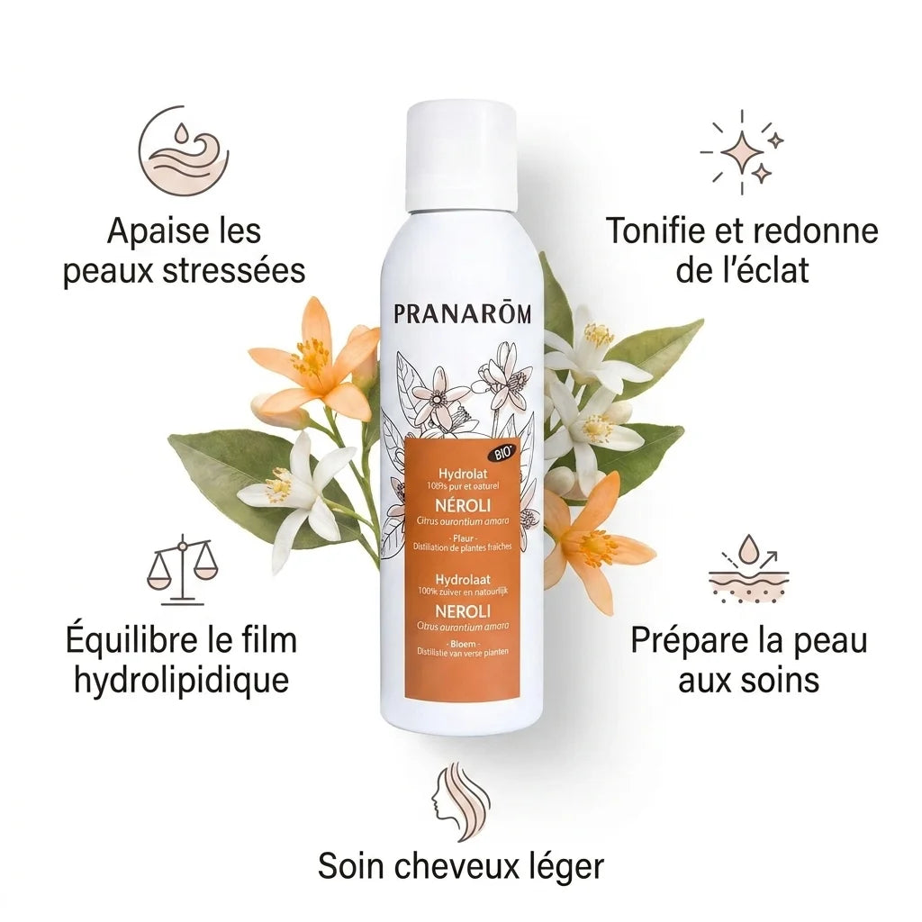 Hydrolat bio de neroli Pranarom avec ses 5 bénéfaits : apaise, tonifie, équilibre et prépare la peau