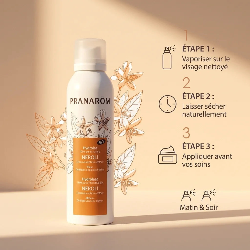 Hydrolat bio neroli Pranarom avec guide d'utilisation en 3 étapes pour le visage