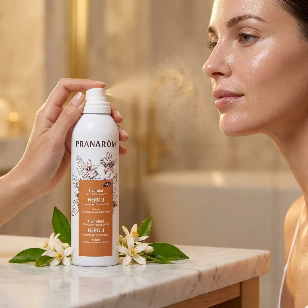 Hydrolat bio de neroli Pranarom vaporisé sur le visage avec fleurs d'oranger frais