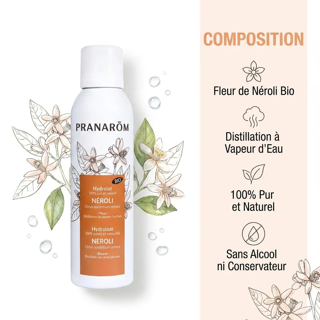 Hydrolat bio de neroli Pranarom en flacon blanc avec ingrédients botaniques et composition