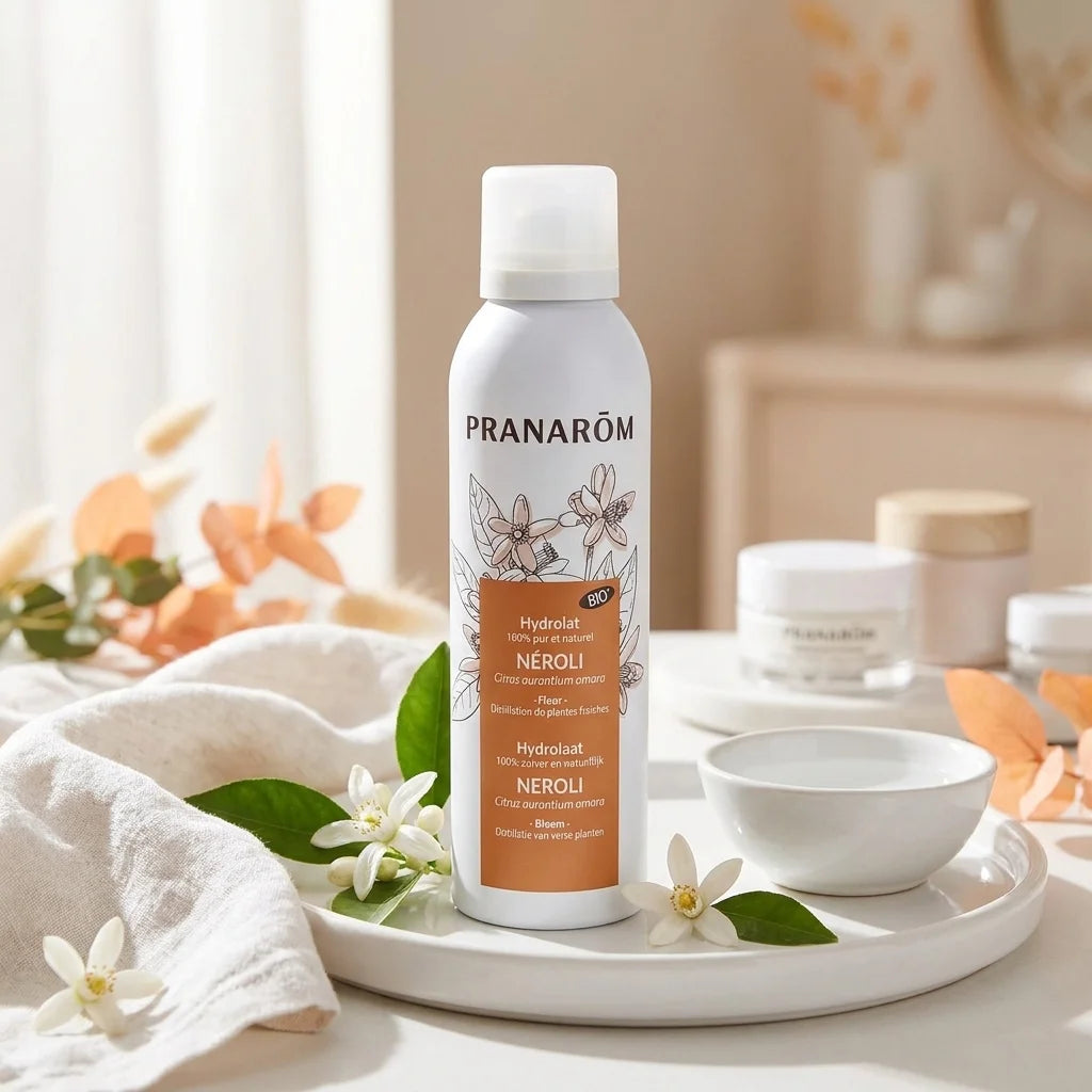Hydrolat bio neroli Pranarom en flacon spray avec fleurs blanches et produits de soin
