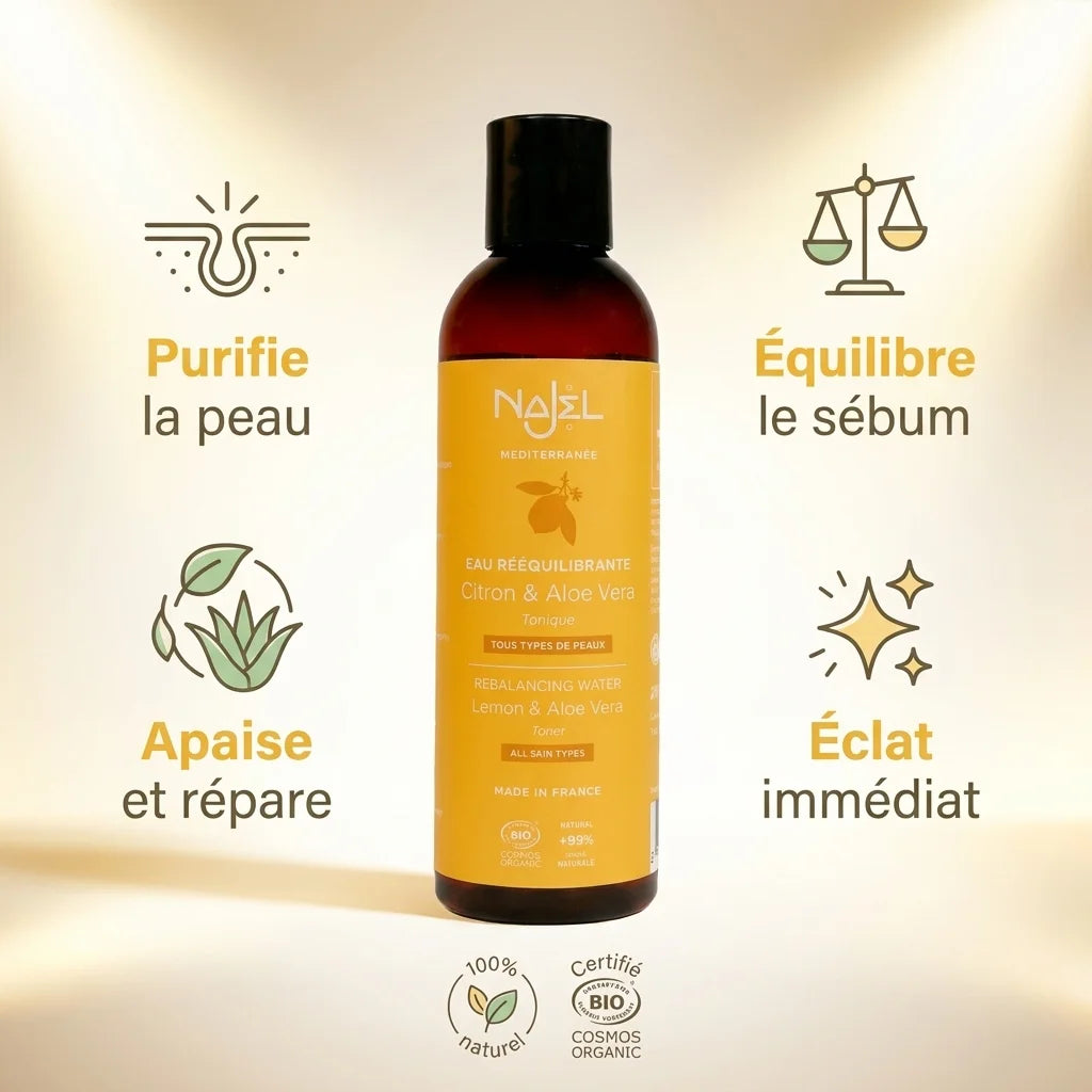 Hydrolat citron et aloe vera Najel bio avec 4 bénéfaits : purifie, équilibre sébum, apaise, éclat