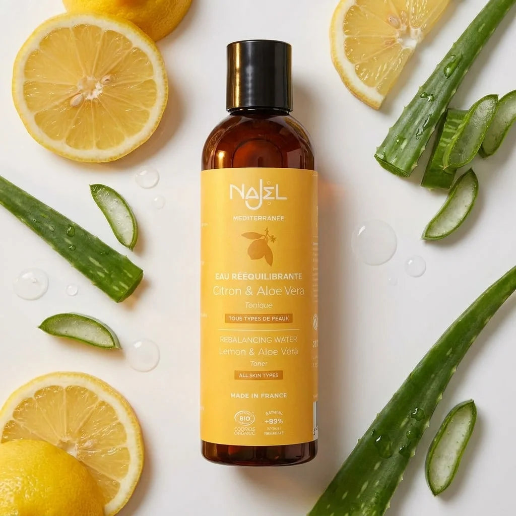 Hydrolat citron et aloe vera Najel bio certifié avec citron frais et feuilles aloe vera