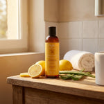 Hydrolat citron aloe vera Najel bio sur vanité avec citrons frais et feuilles aloe