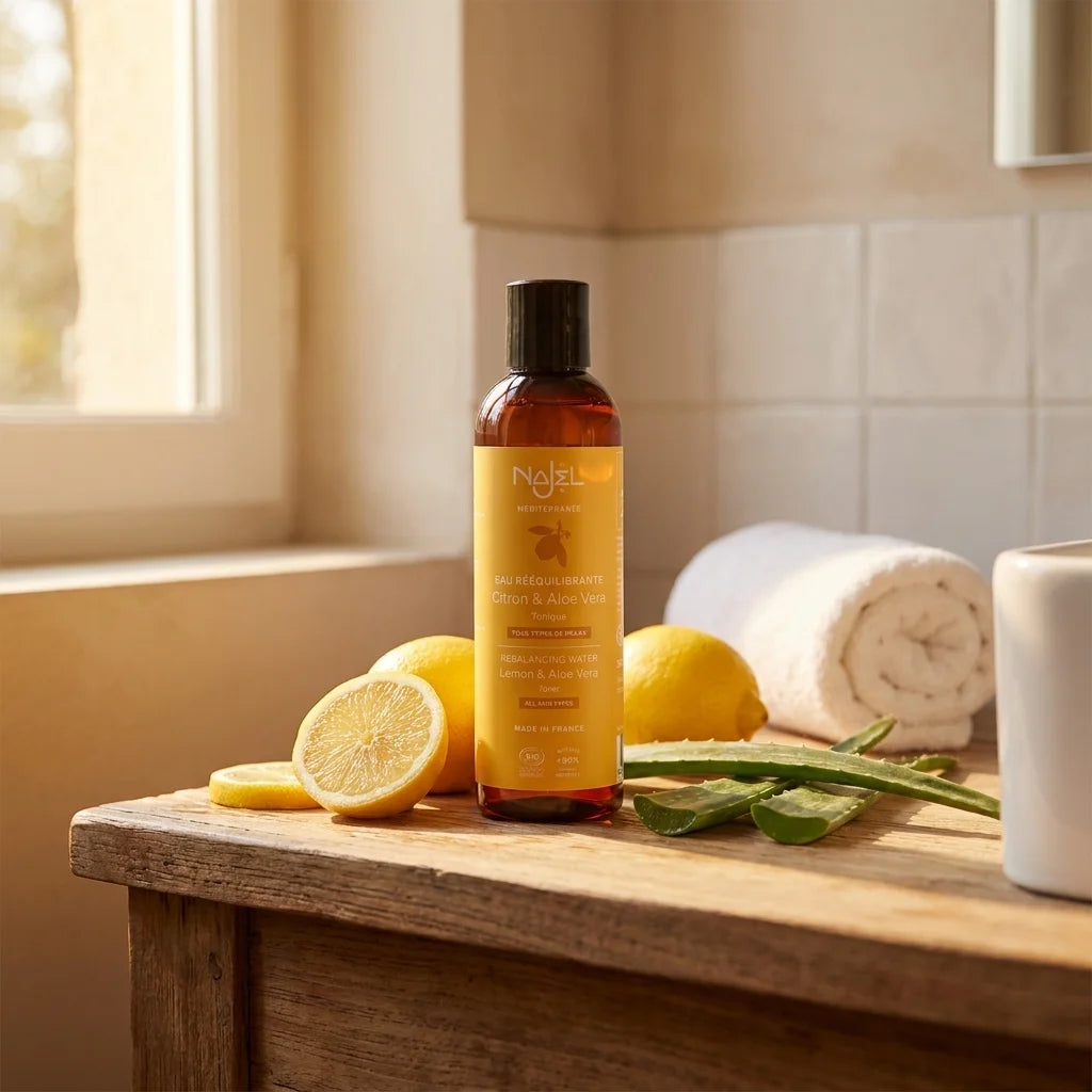 Hydrolat citron aloe vera Najel bio sur vanité avec citrons frais et feuilles aloe