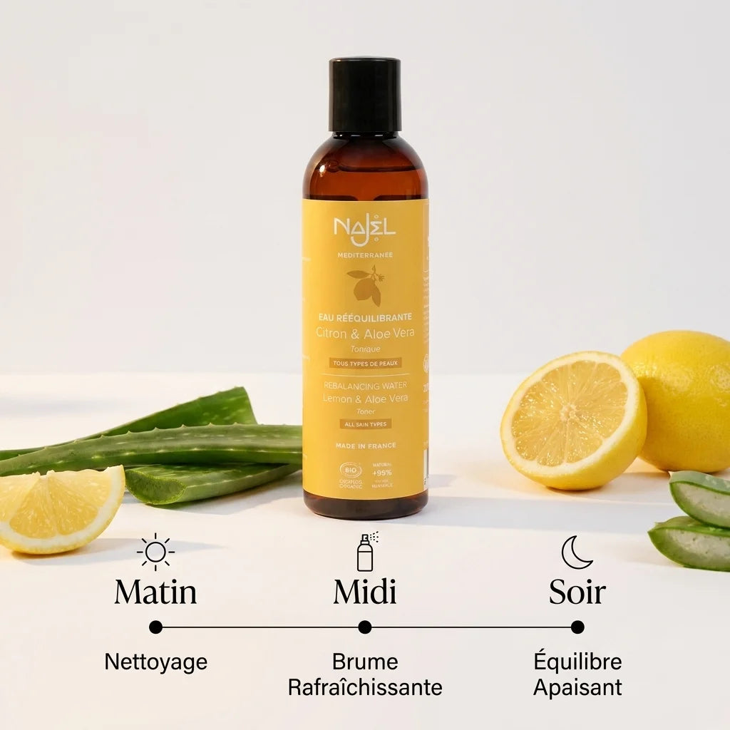 Hydrolat citron aloe vera Najel bio - Rituel beauté matin, midi, soir en flacon verre ambré