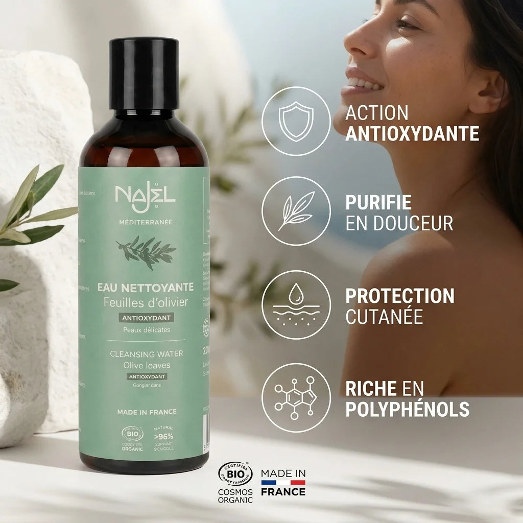 Najel hydrolat feuilles olivier bio - bouteille avec icônes bénéfices antioxydants et purifiants