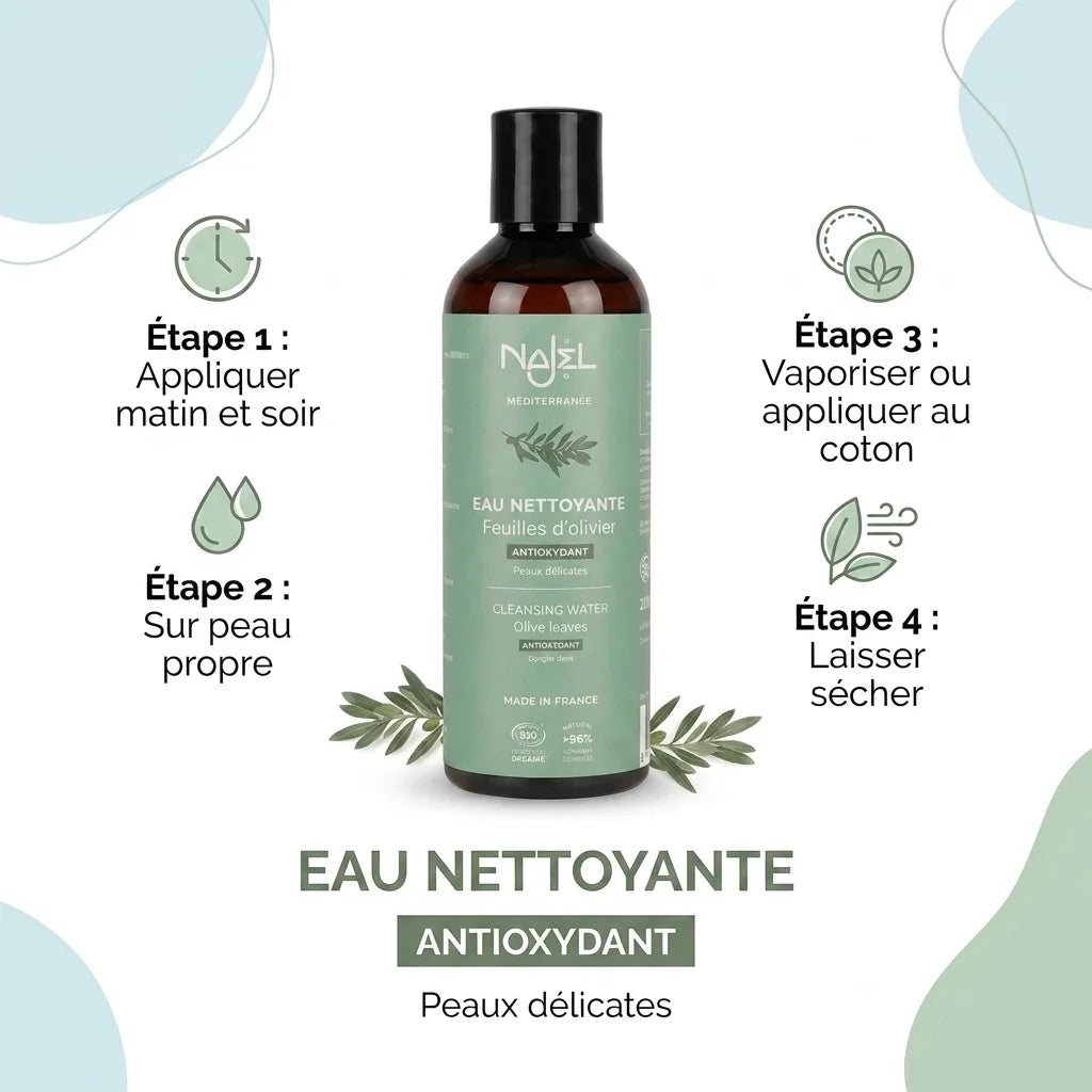Hydrolat feuilles olivier Najel bio - Flacon verre guide utilisation peau délicate antioxydant
