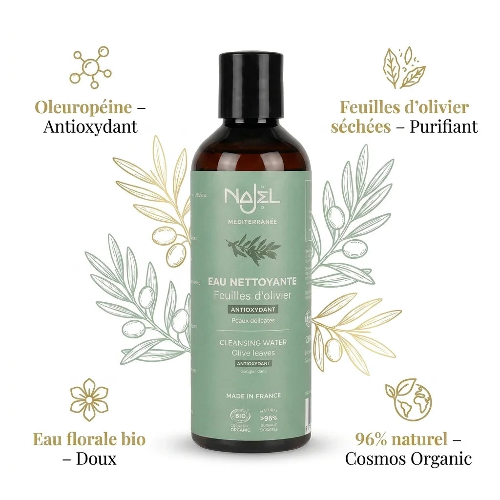 Hydrolat feuilles d'olivier Najel bio certifié Cosmos - Flacon avec label vert sage