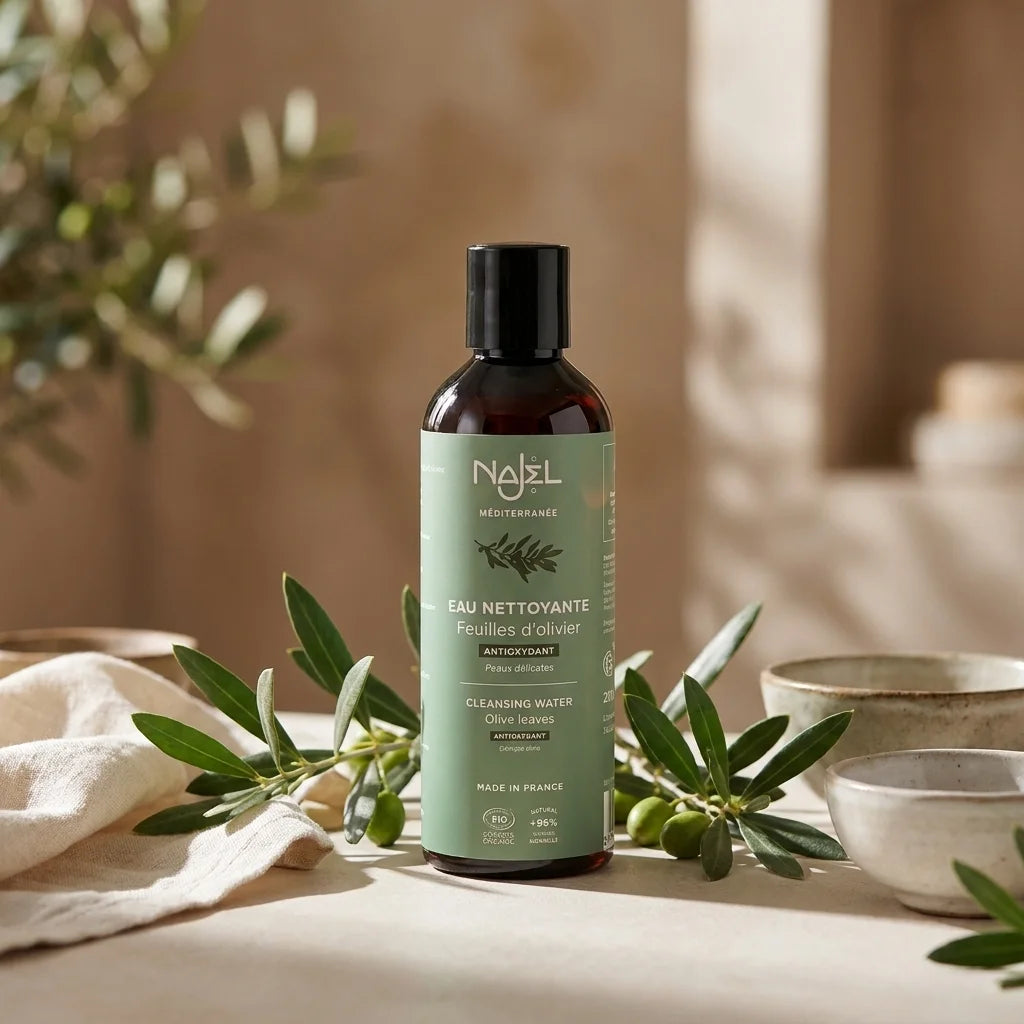 Hydrolat bio feuilles d'olivier Najel sur vanité méditerranéenne avec branches d'olivier fraîches