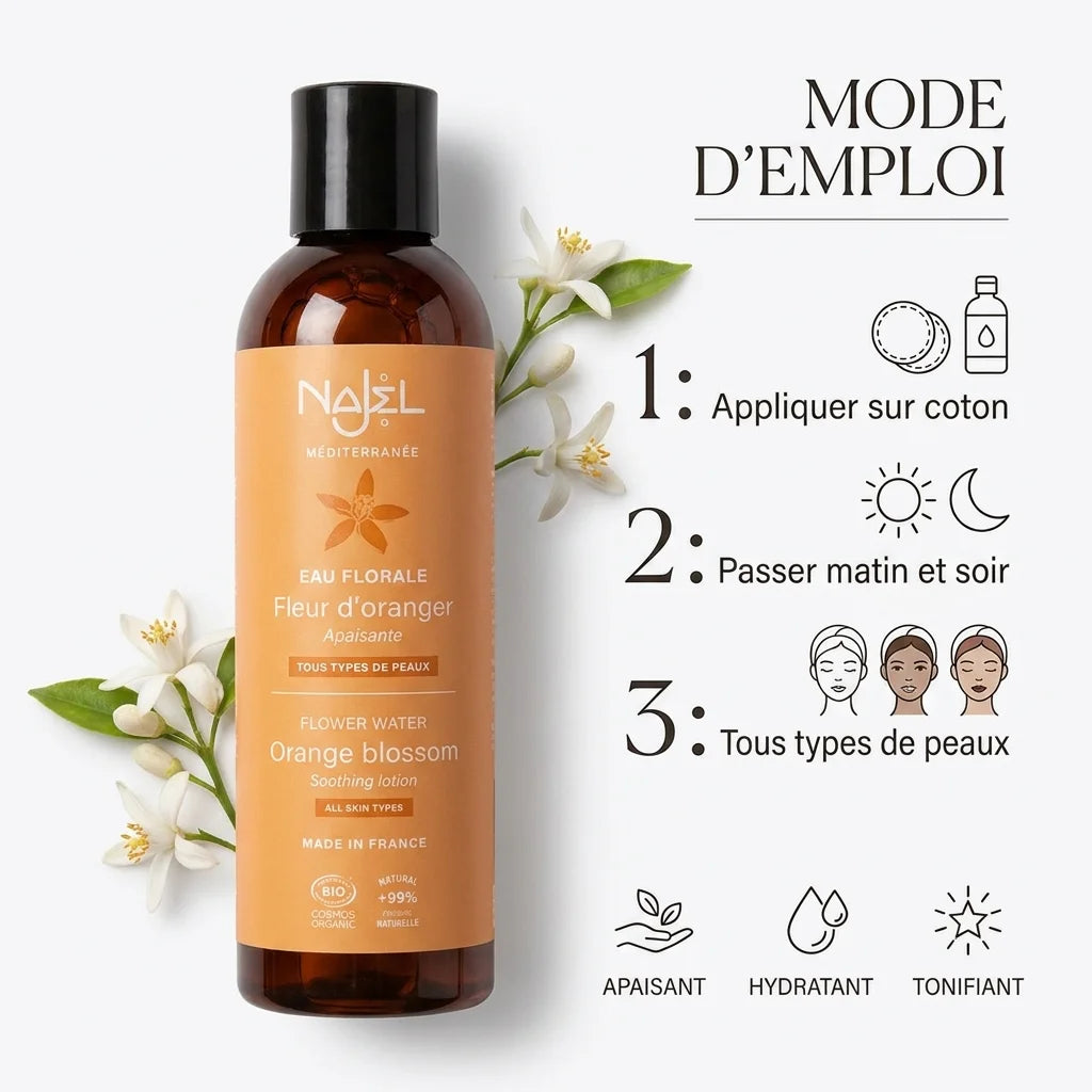 Hydrolat fleur d'oranger Najel bio avec mode d'emploi - apaisant, hydratant, tonifiant tous types peaux