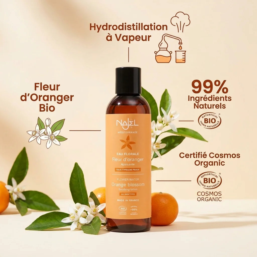Hydrolat fleur d'oranger Najel bio certifié Cosmos avec infographies ingrédients naturels