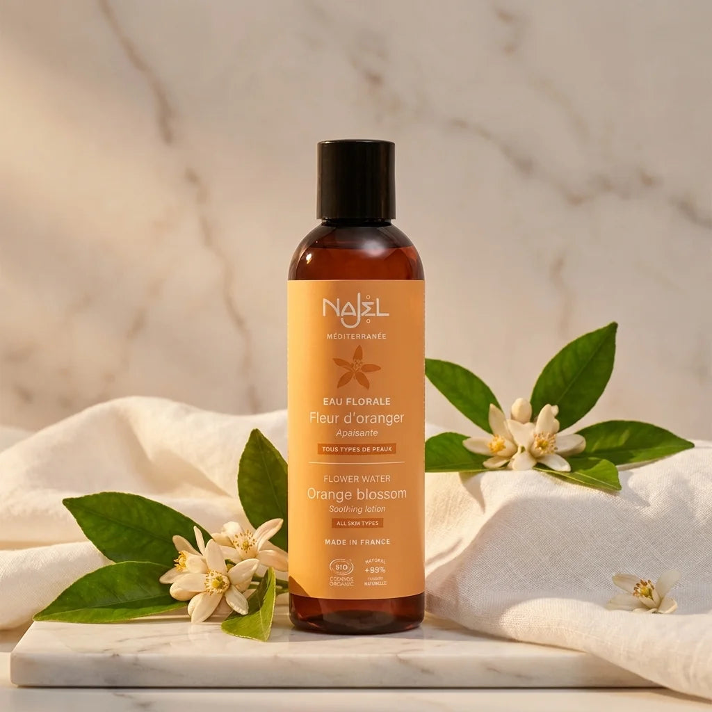 Hydrolat bio Najel fleur d'oranger en flacon verre ambre avec fleurs fraîches et feuilles vertes
