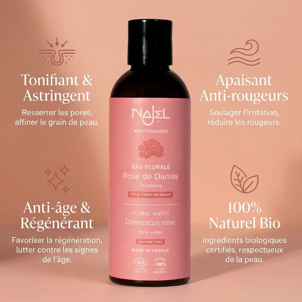 Hydrolat rose Damas Najel bio avec bénéfices : tonifiant, apaisant, anti-âge et 100% naturel