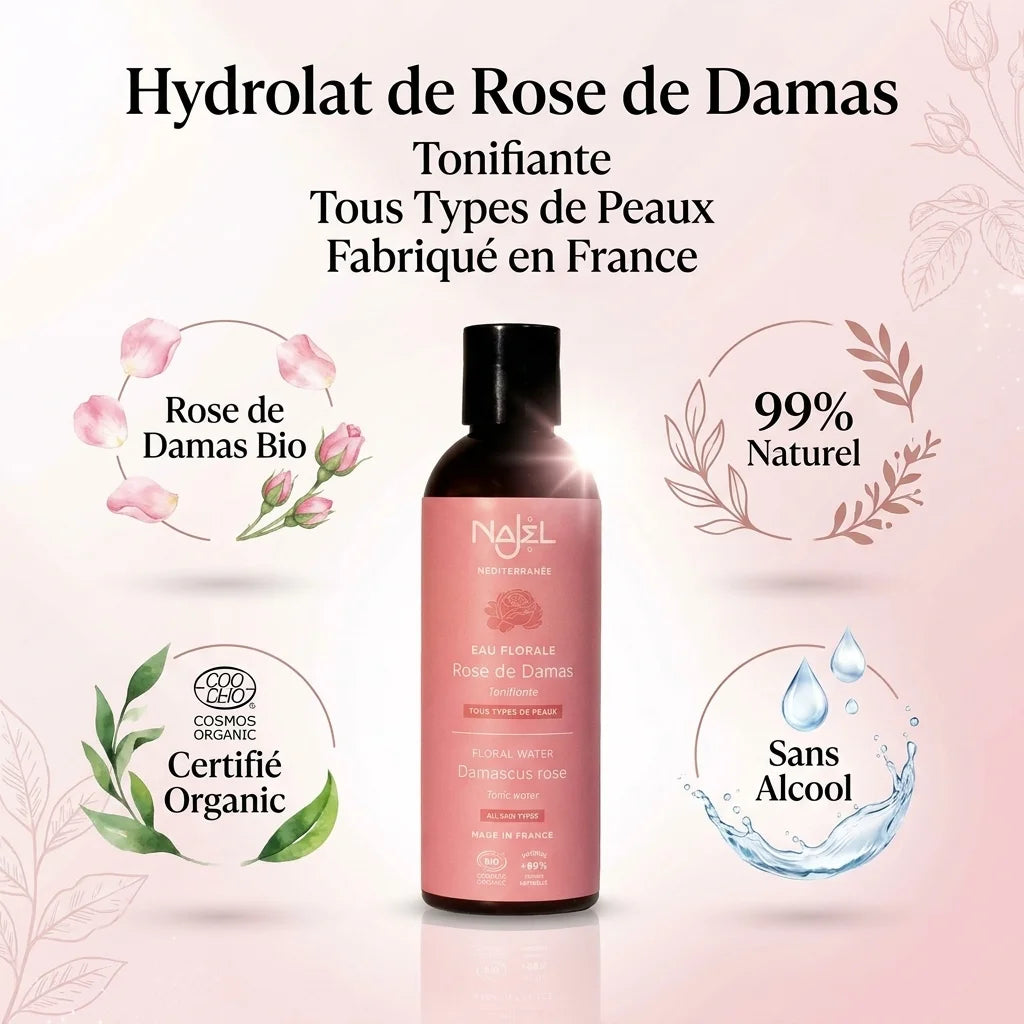 Hydrolat de rose de Damas Najel certifié bio, tonifiant pour tous types de peaux