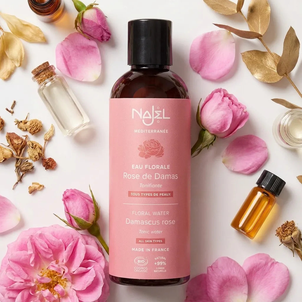 Hydrolat de rose de Damas Najel bio avec pétales frais et ingrédients naturels