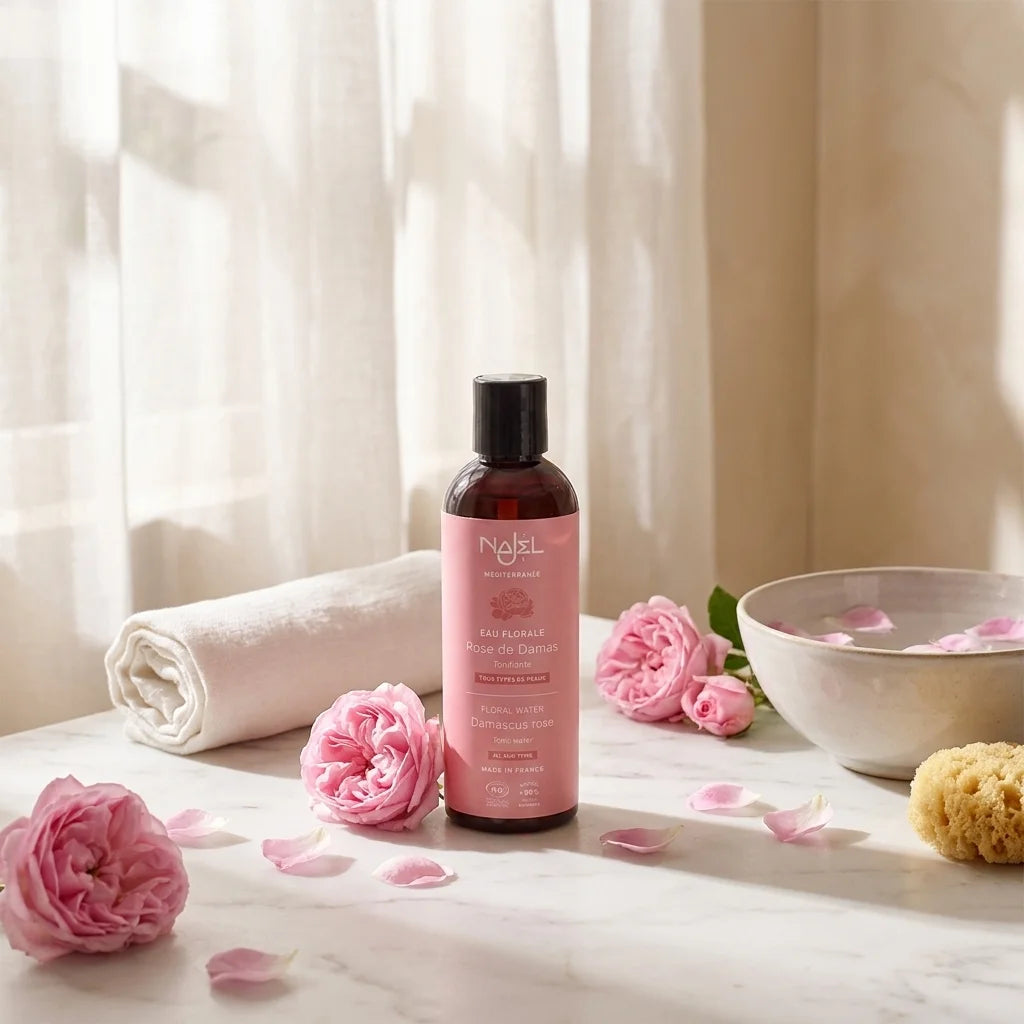 Hydrolat de rose de Damas Najel bio avec fleurs roses sur marbre blanc