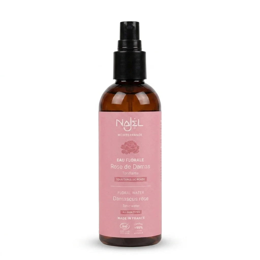 Hydrolat de rose de Damas bio Najel en flacon verre rose avec pompe noire