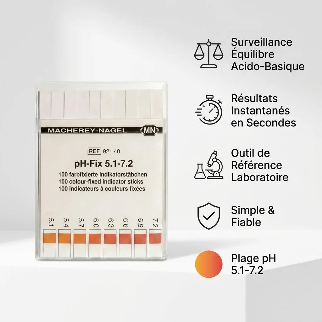 Bandelettes indicateurs pH-Fix 100 unités avec échelle colorée 5.1-7.2 et avantages produit