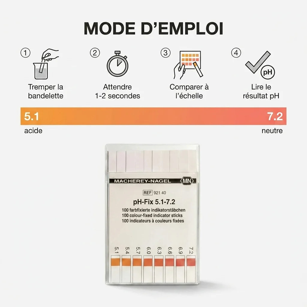 Bandelettes indicatrices pH Macherey-Nagel avec mode d'emploi et échelle colorée 5.1-7.2