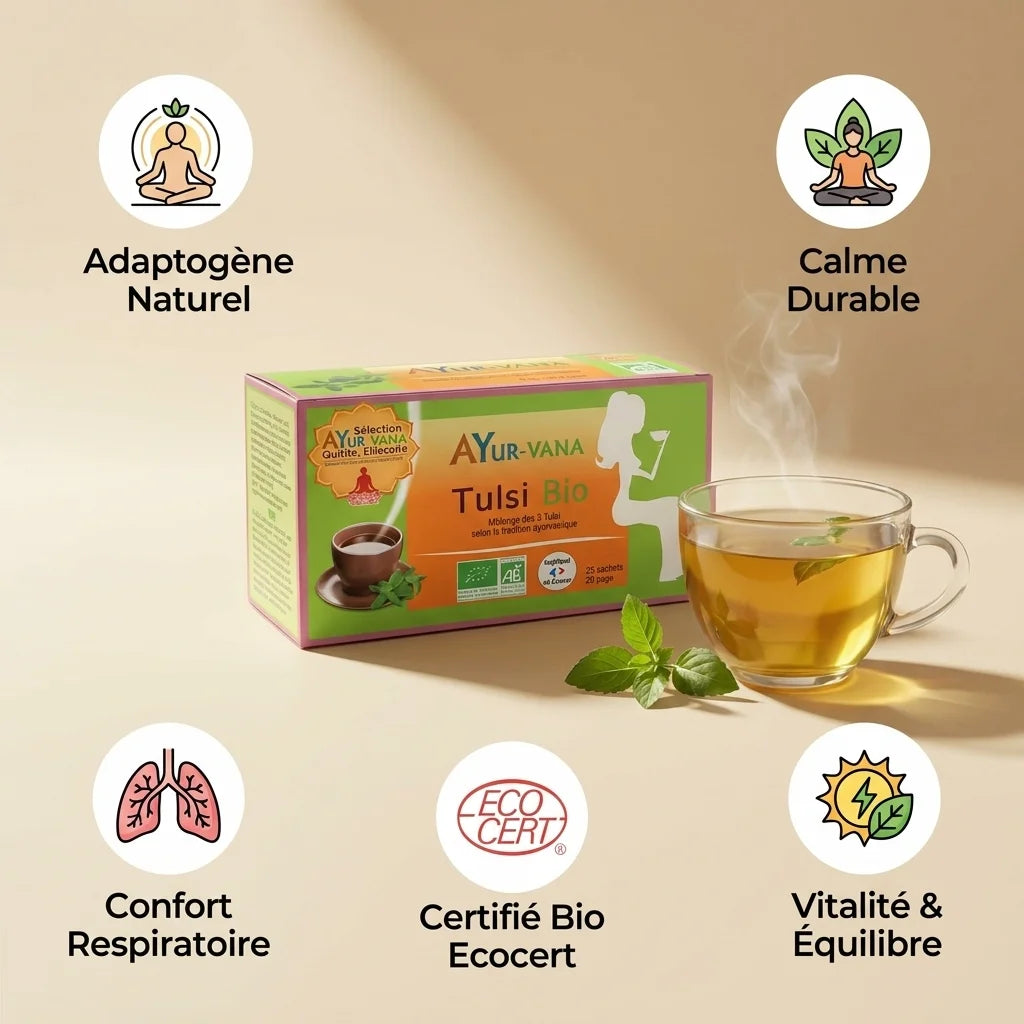 Infusion Tulsi Bio Ayurvana avec bénéfices adaptogène, calme et vitalité certifiés