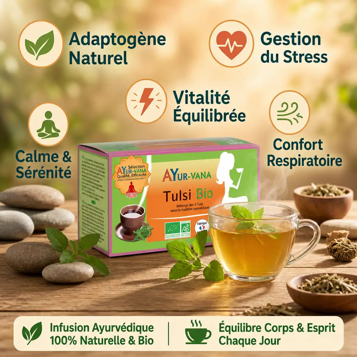 Infusion Tulsi Bio Ayurvana avec tasse de thé, feuilles fraîches et bénéfices wellness ayurvédiques