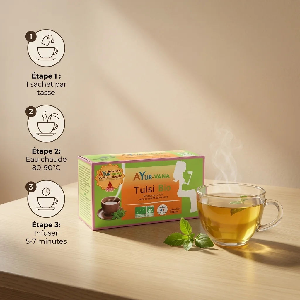 Infusion Tulsi Bio Ayurvana avec guide de préparation en 3 étapes et tasse de thé doré