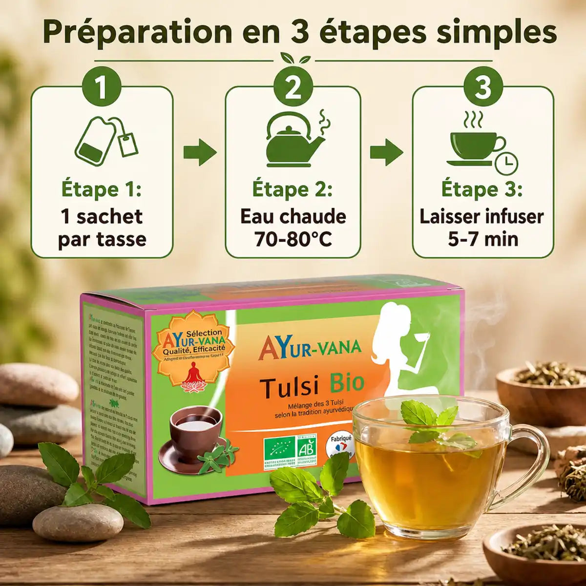 Infusion Tulsi Bio Ayurvana - Préparation 3 étapes avec tasse de thé doré et guide d'infusion