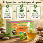 Infusion Tulsi Bio Ayurvana - Préparation 3 étapes avec tasse de thé doré et guide d'infusion
