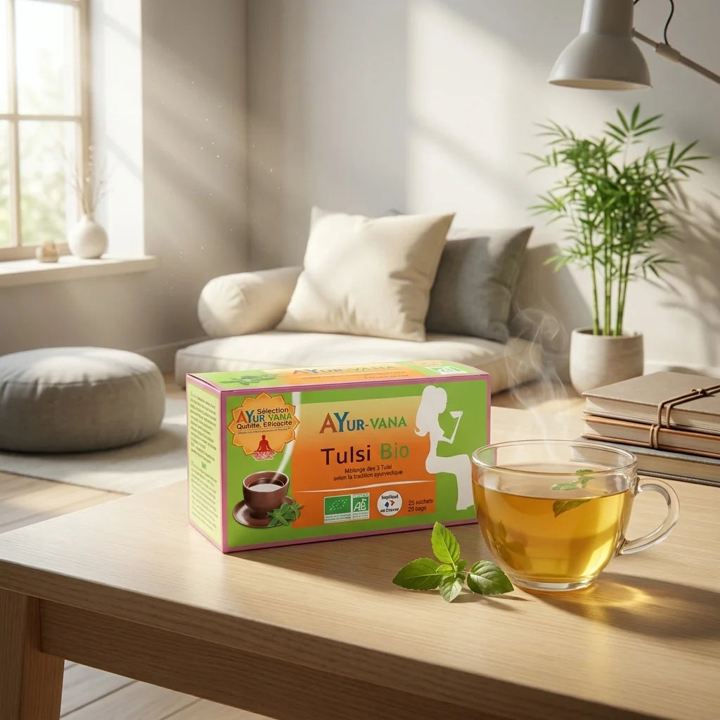Infusion Tulsi Bio Ayurvana dans une tasse dorée avec boîte de thé sur espace wellness